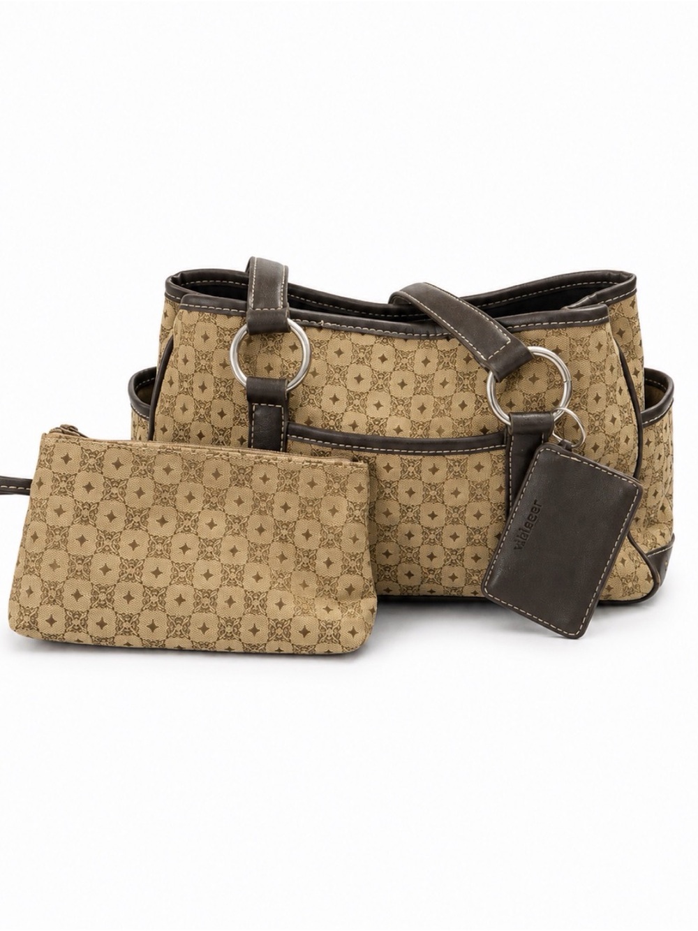 Villager by Liz Claiborne Tan Brown Monogram Tote Bag Matching Pouch Y2K